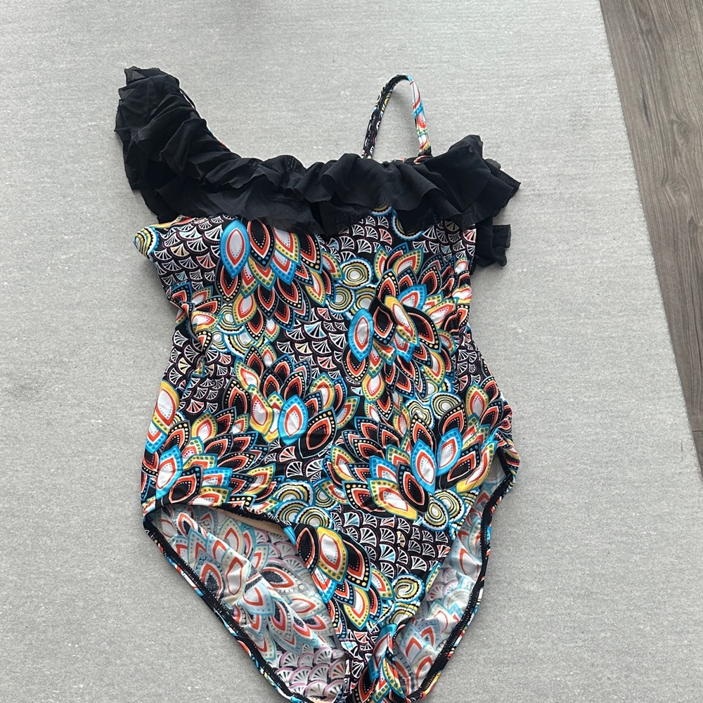 DownEast Black and Multicolor Ruffled One Piece Swimsuit